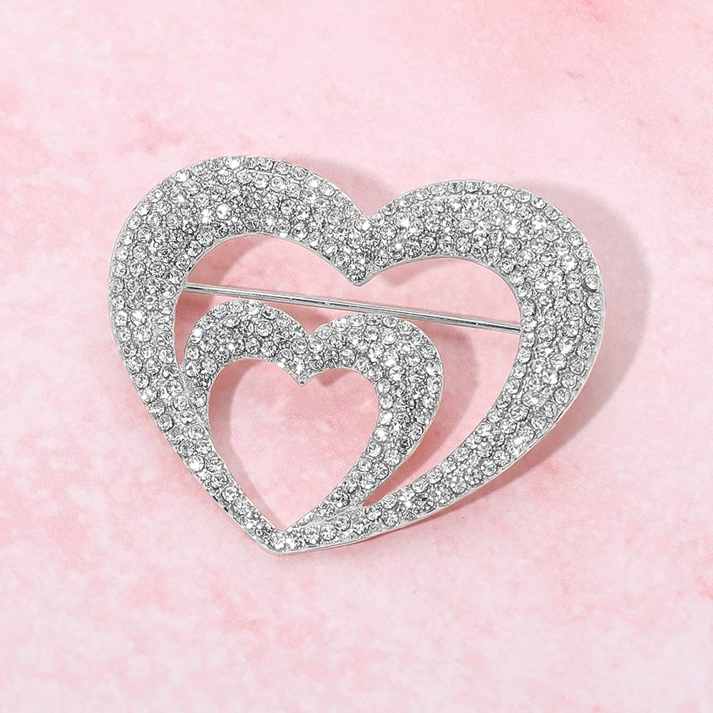 Silver Crystal Rhinestone Double Layer Heart Pin Brooch Statement Accessory 30$